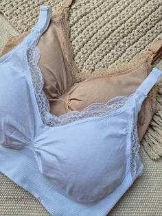 MamaGlow – Prémium Csipkés, Varrásmentes Szoptatós Melltartó Csomag (Bézs & Fehér)