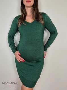 Kismama kötött ruha - sötétzöld csillám dekoltált