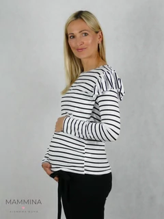 Kismama fekete-fehér csíkos hosszú ujjú szoptatós blúz