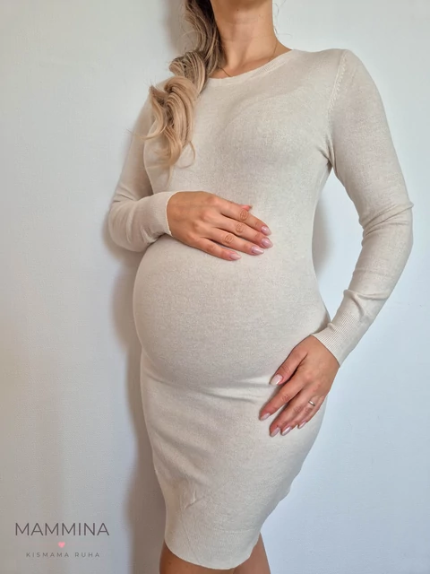 Kismama kötött ruha kerek nyakú - bézs