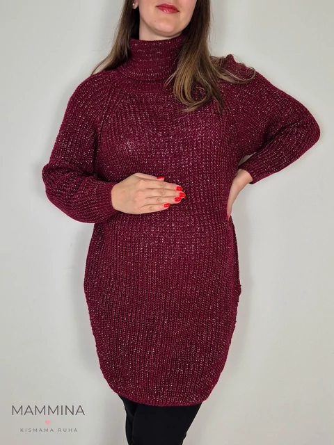 Garbós nyakú kötött tunika - burgundi csillám Garbós nyakú kötött tunika - burgundi csillám