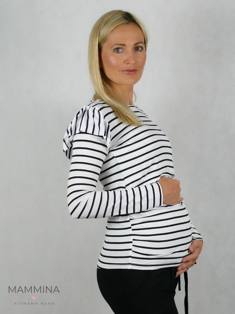 Kismama fekete-fehér csíkos hosszú ujjú szoptatós blúz